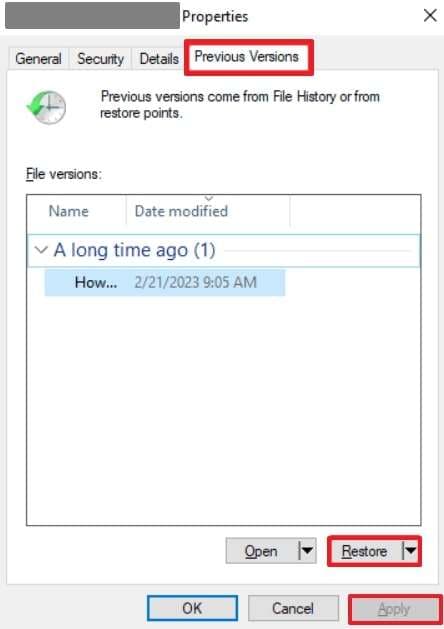 restore previous version