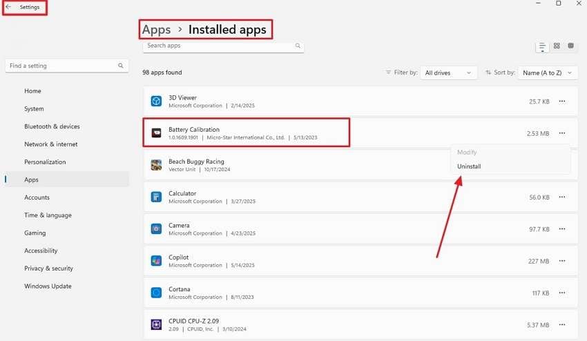 uninstall targeted app from settings