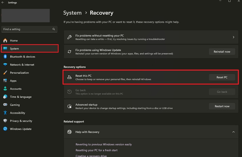 locate and choose reset pc button