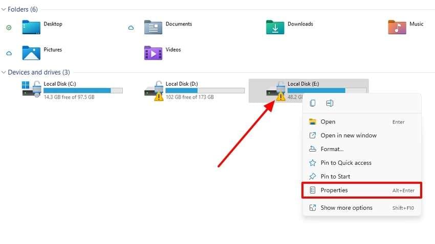access properties of drive