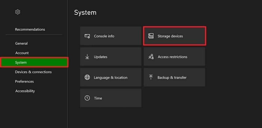 click storage devices system settings