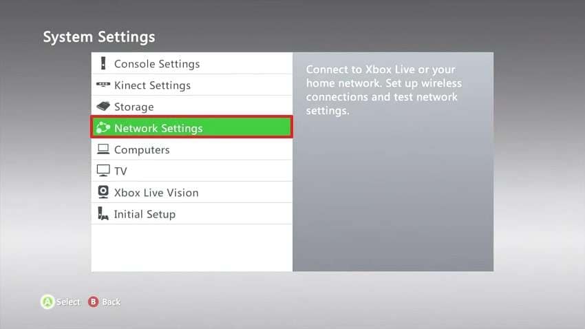 choose the network settings option
