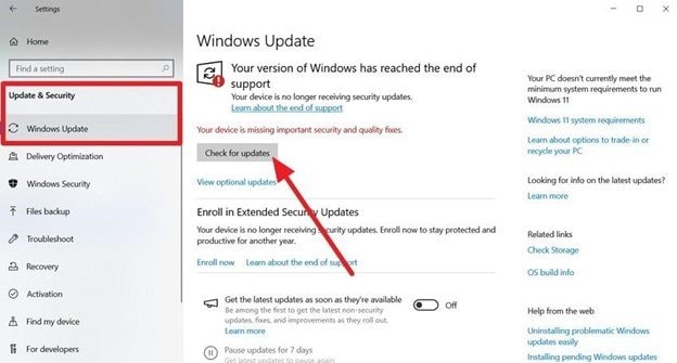 tap on check for updates