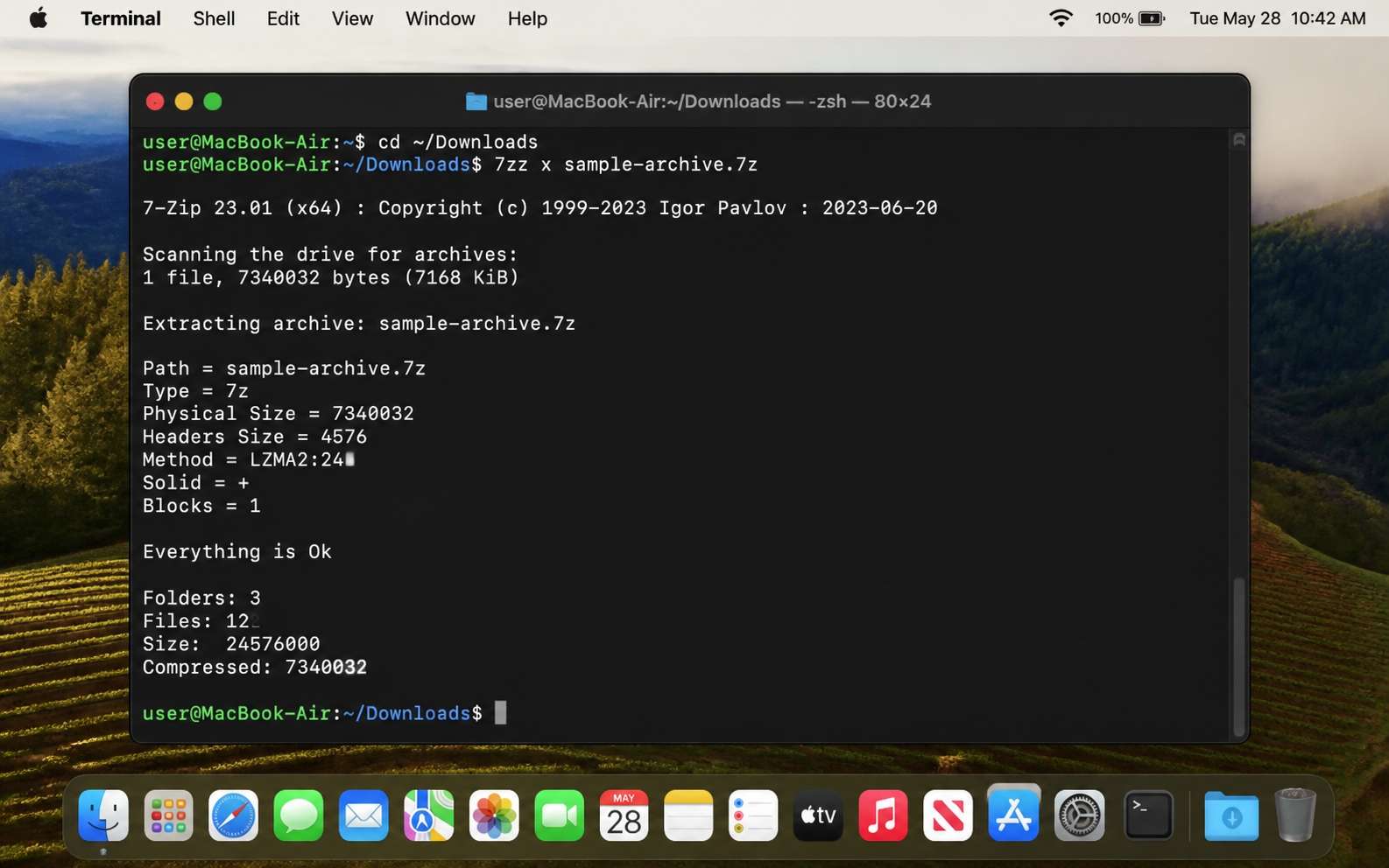 mac terminal extracting a 7z file with 7zz x command