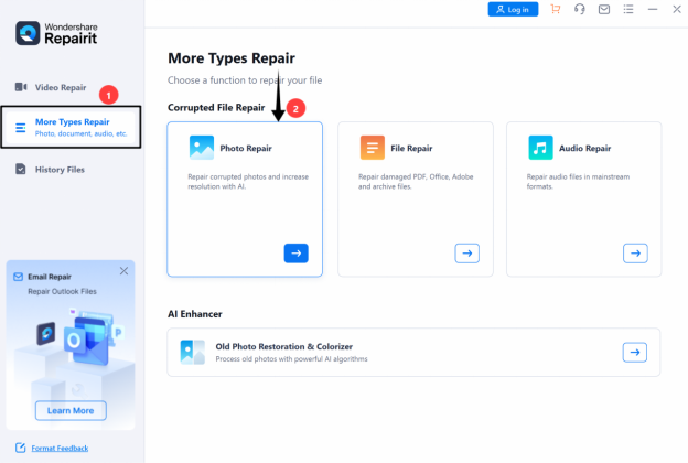 open photo repair in wondershare repairit