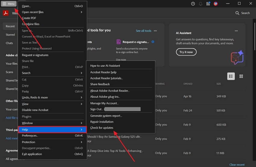 select check for updates option