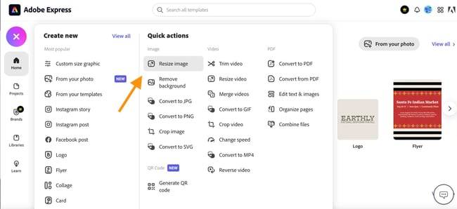 adobe express resize image project option