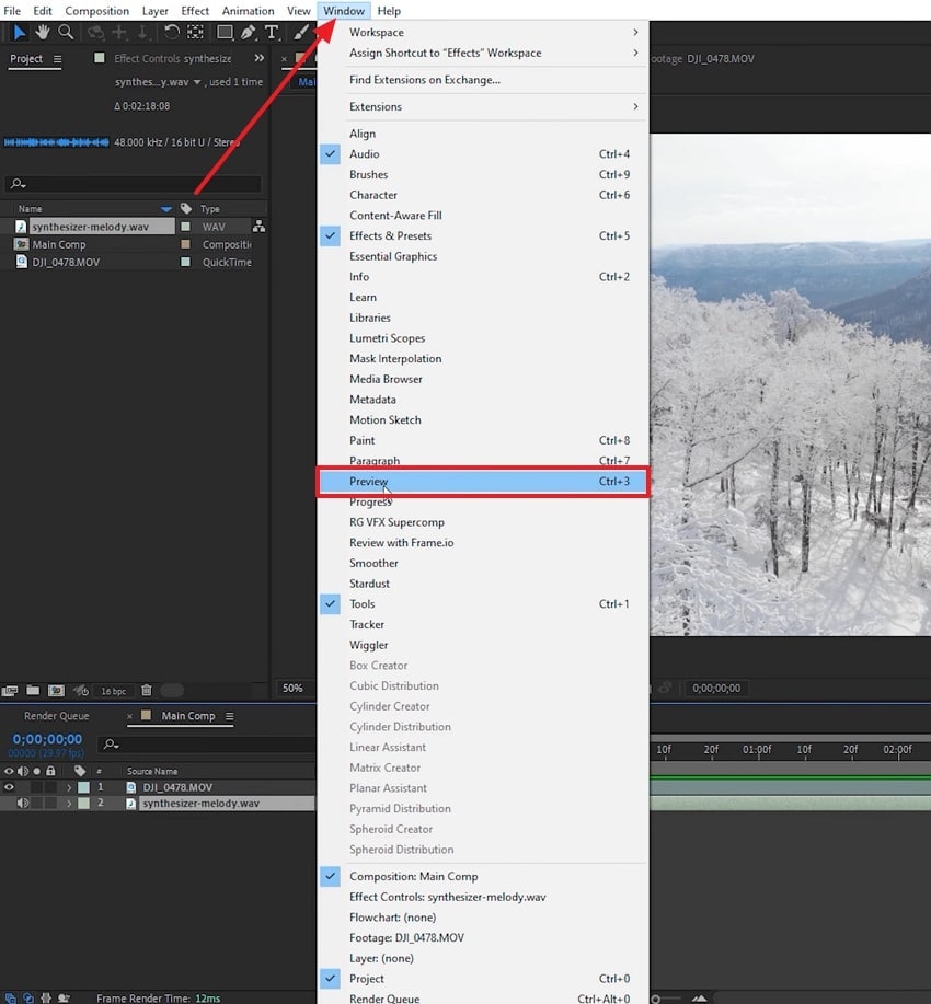 access preview settings of after effects