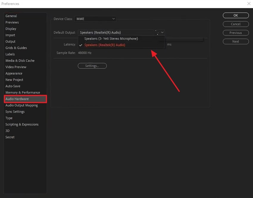 alter default output of audio hardware
