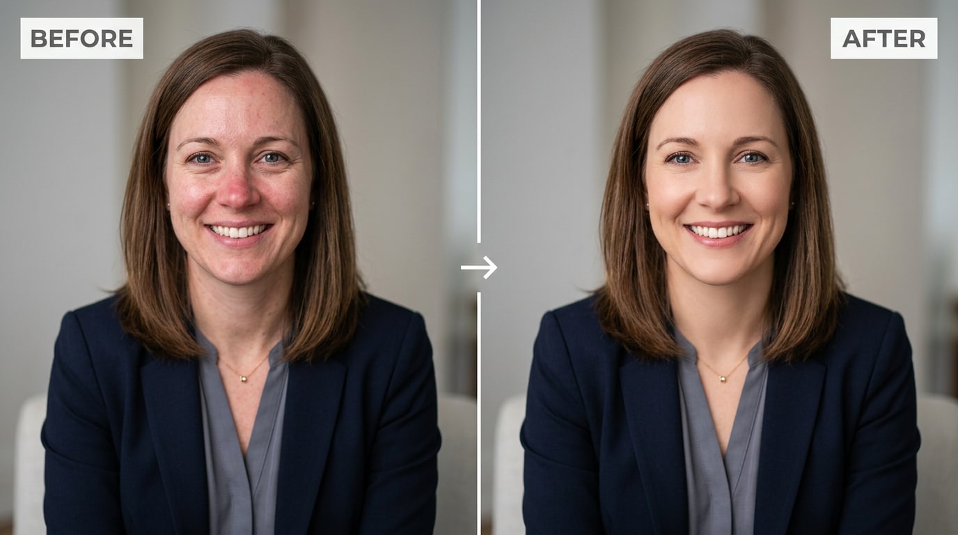 professional headshot with uneven skin tone and redness corrected