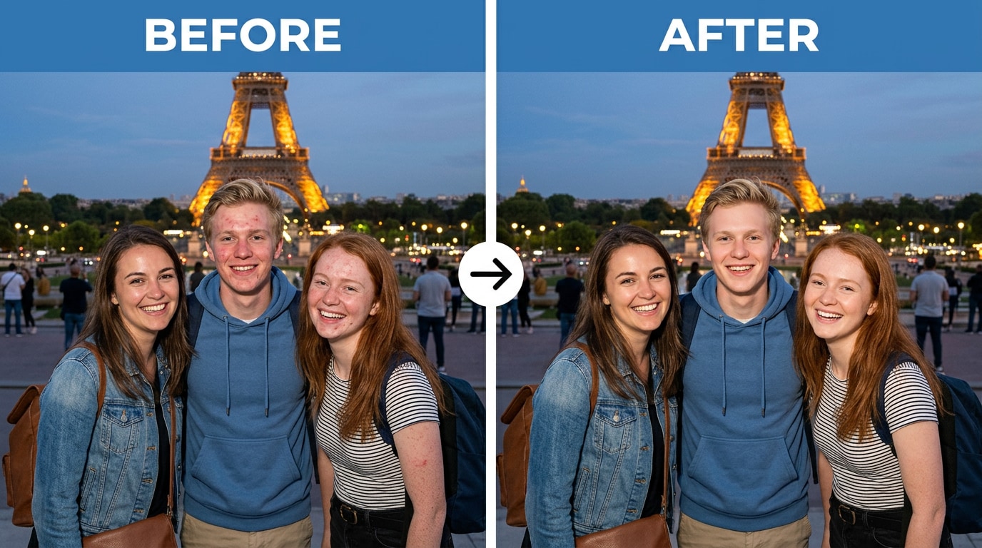 group travel photo with mixed skin conditions corrected