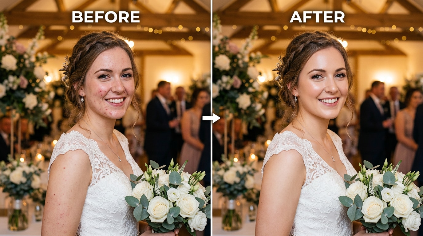 bride's pre-event wedding photo with stress breakout naturally corrected