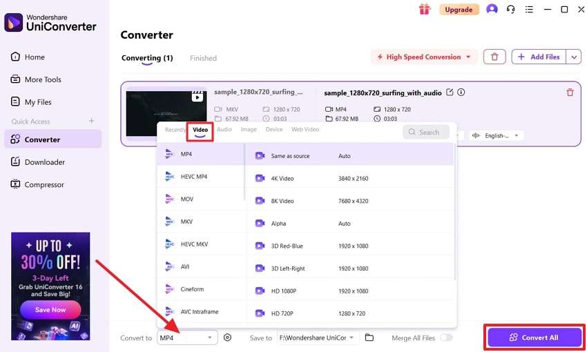 select mp4 from convert to menu 