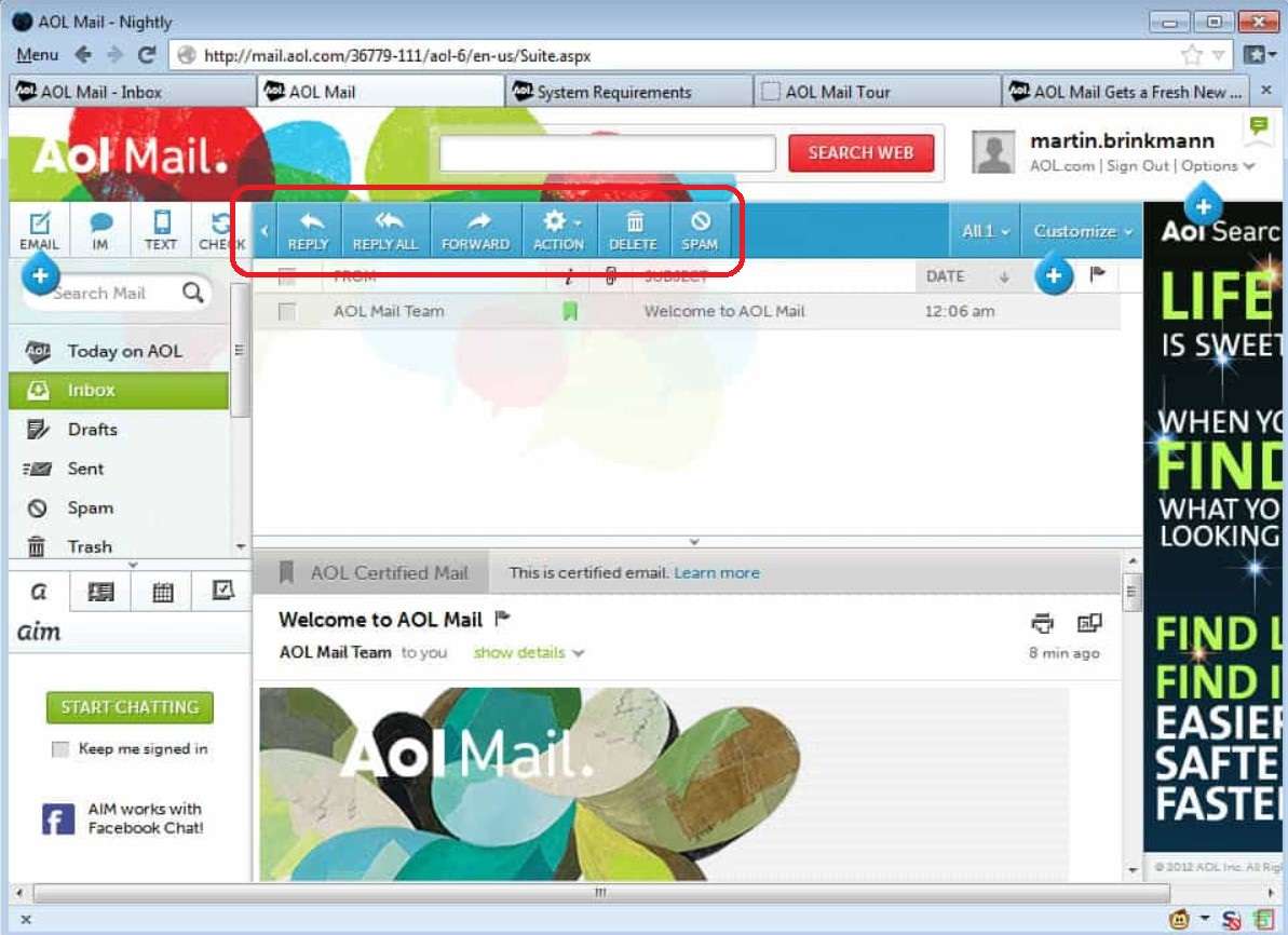 basic functions in aol mail