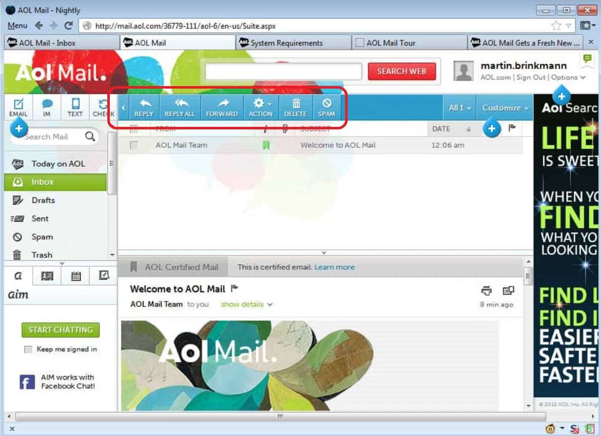 funções básicas do e-mail aol