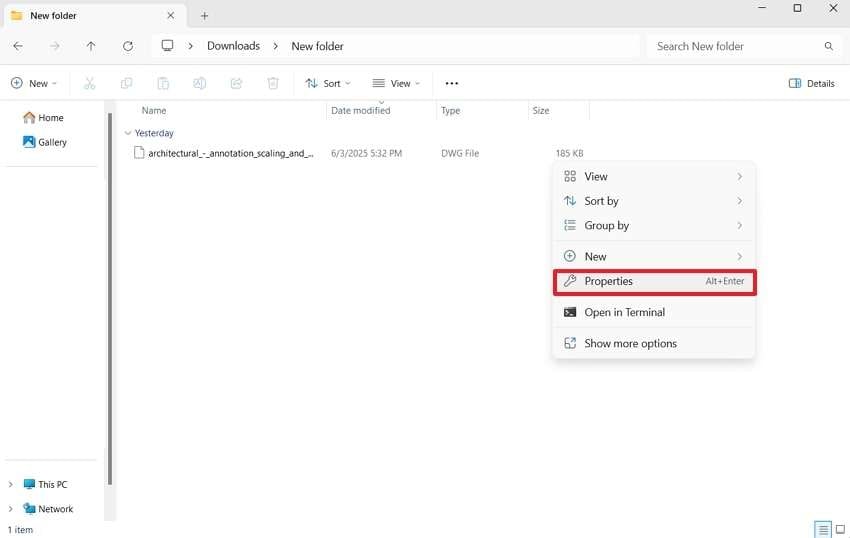 right click file for properties