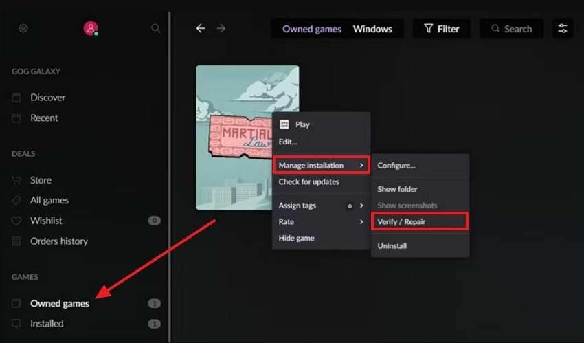 click verify repair manage installation