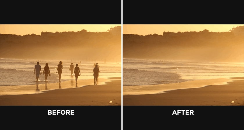  antes y después de eliminar objetos y personas no deseados de una foto