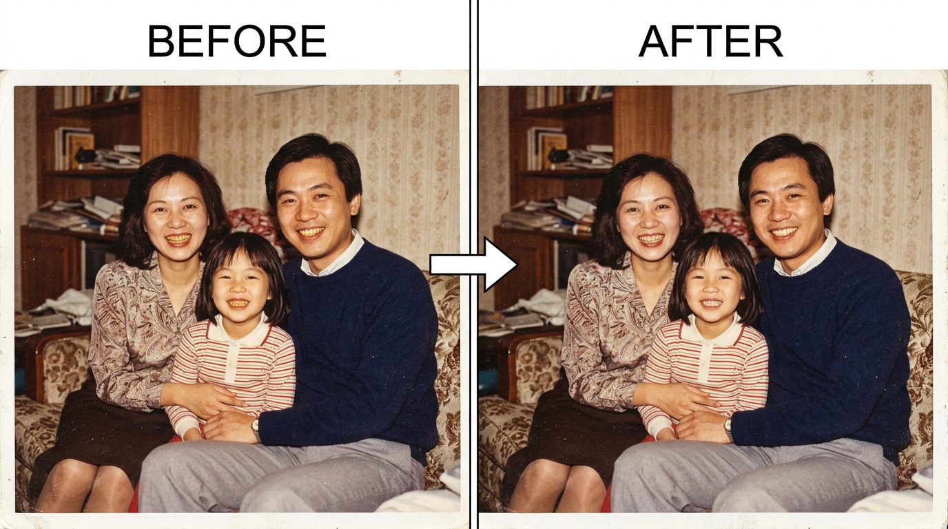 old scanned family photo with teeth color corrected naturally