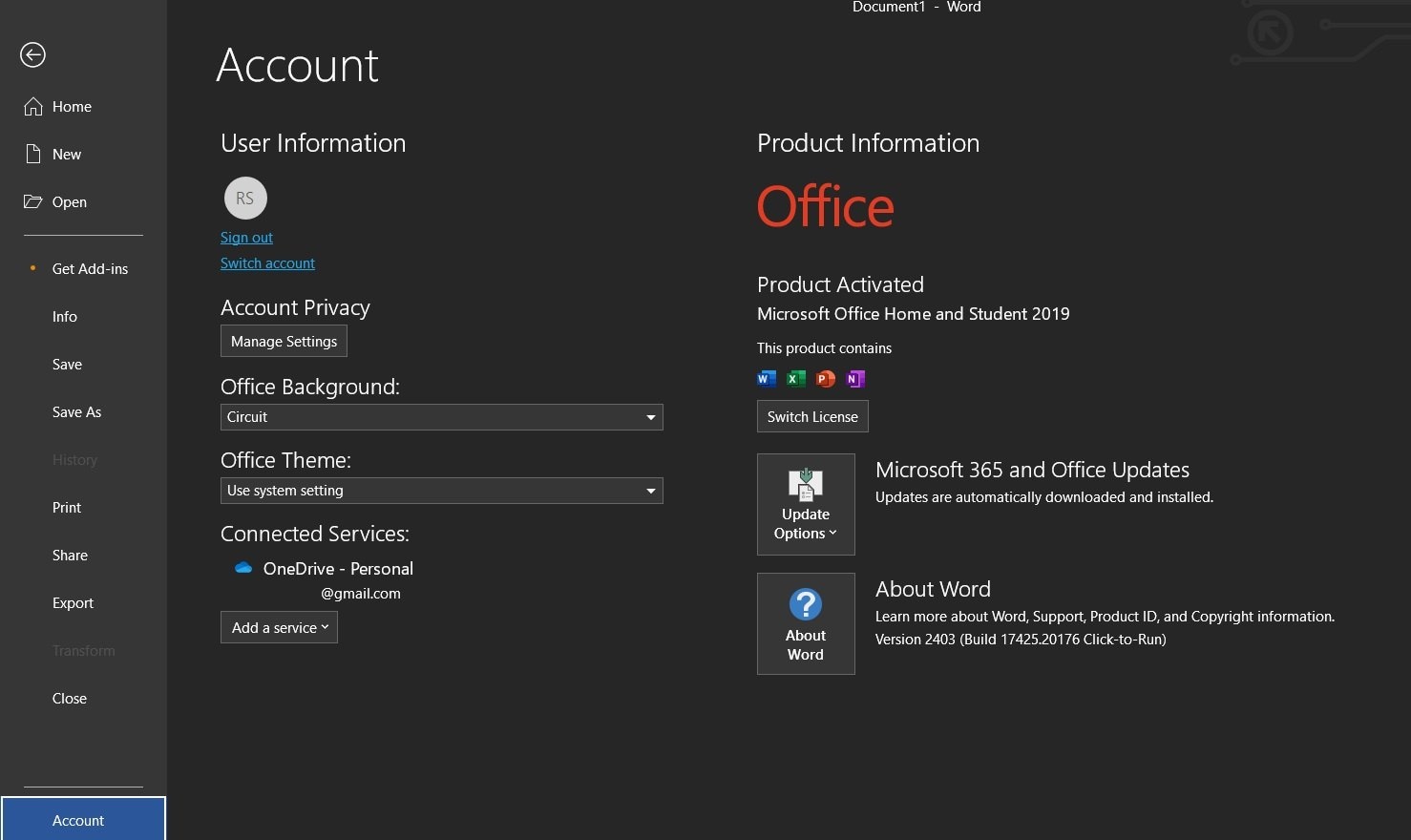 ms office account info
