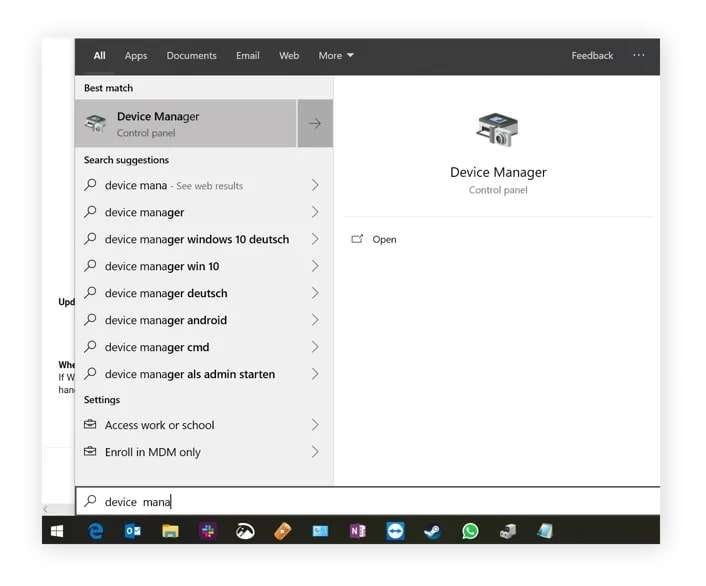 starting device manager on windows 10