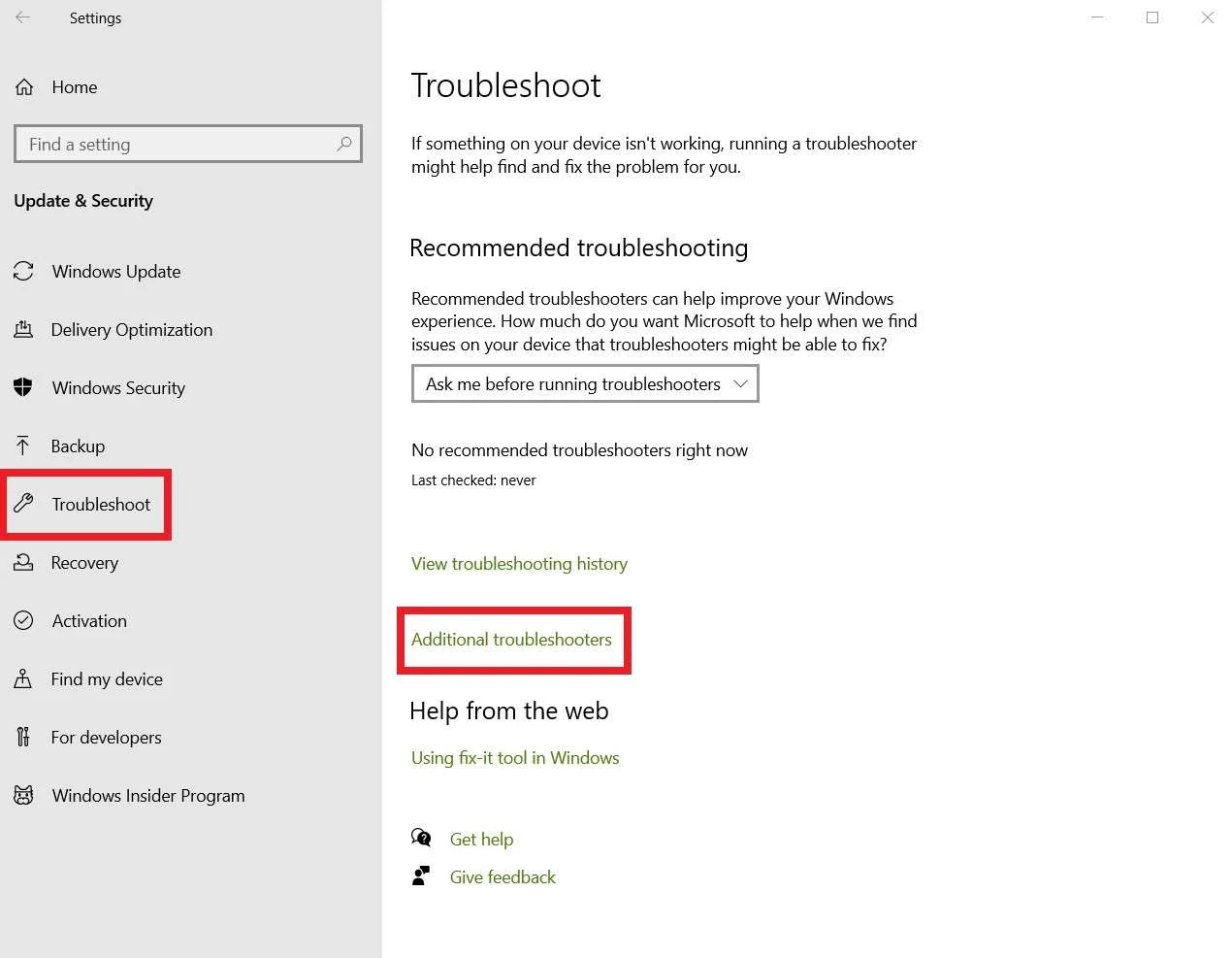 locating additional troubleshooters on windows 10