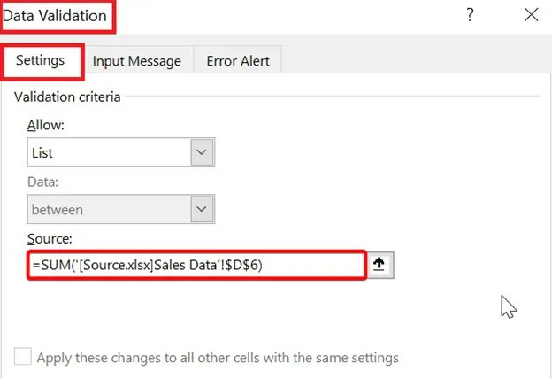 data validation settings