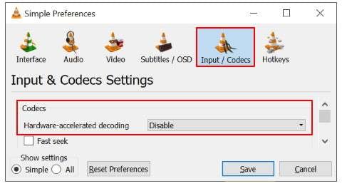 input/codecs preferences 
