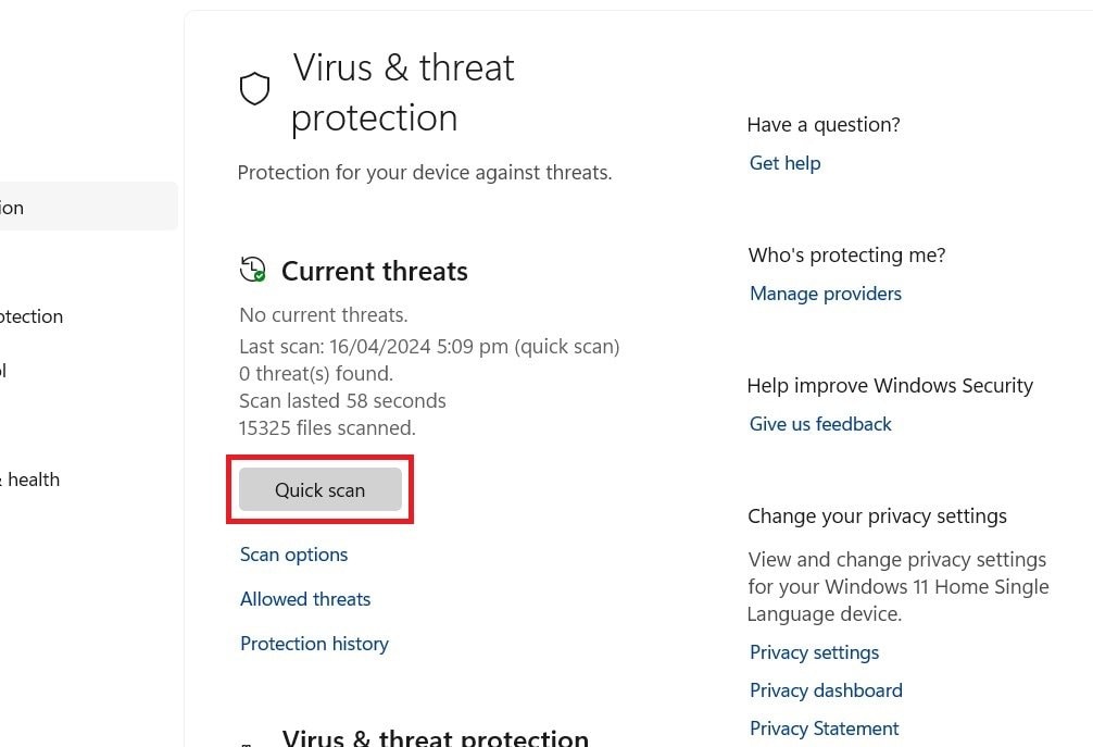 quick scan virus and threat