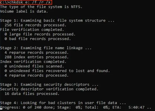 chkdsk e: /f /r /x