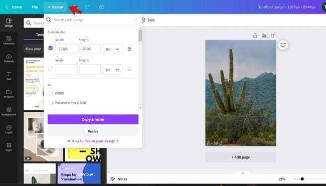 canva resize your image dropdown menu