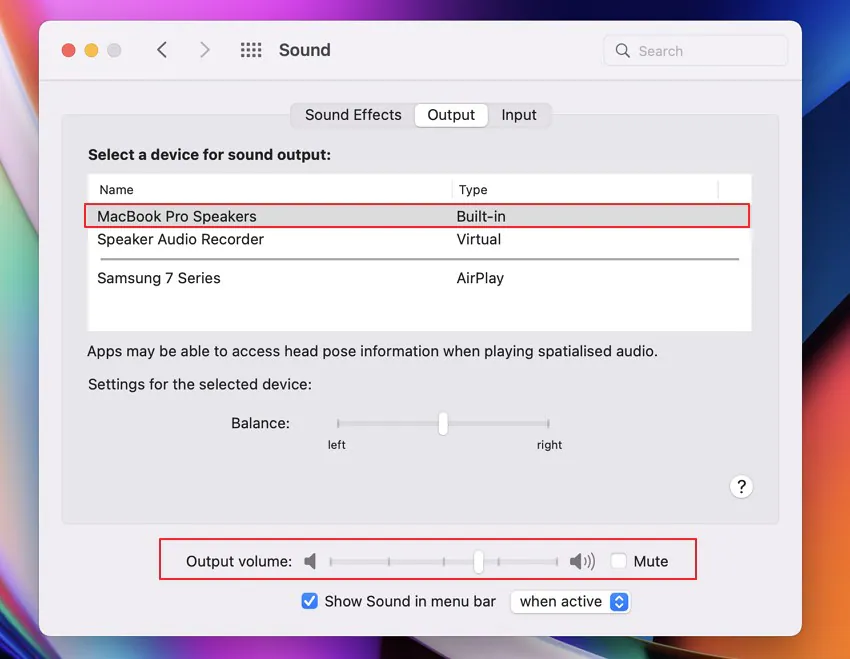 seleziona l'uscita audio e regola il volume