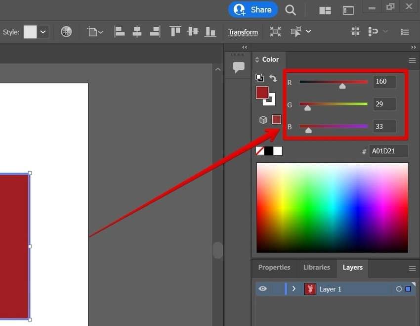 rgb values in the color panel