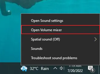 scegli opzione mixer volume