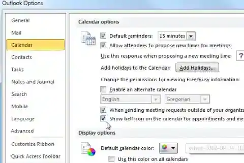 Marque la casilla para mostrar el icono de la campana en el calendario para las citas y reuniones con recordatorio. 
