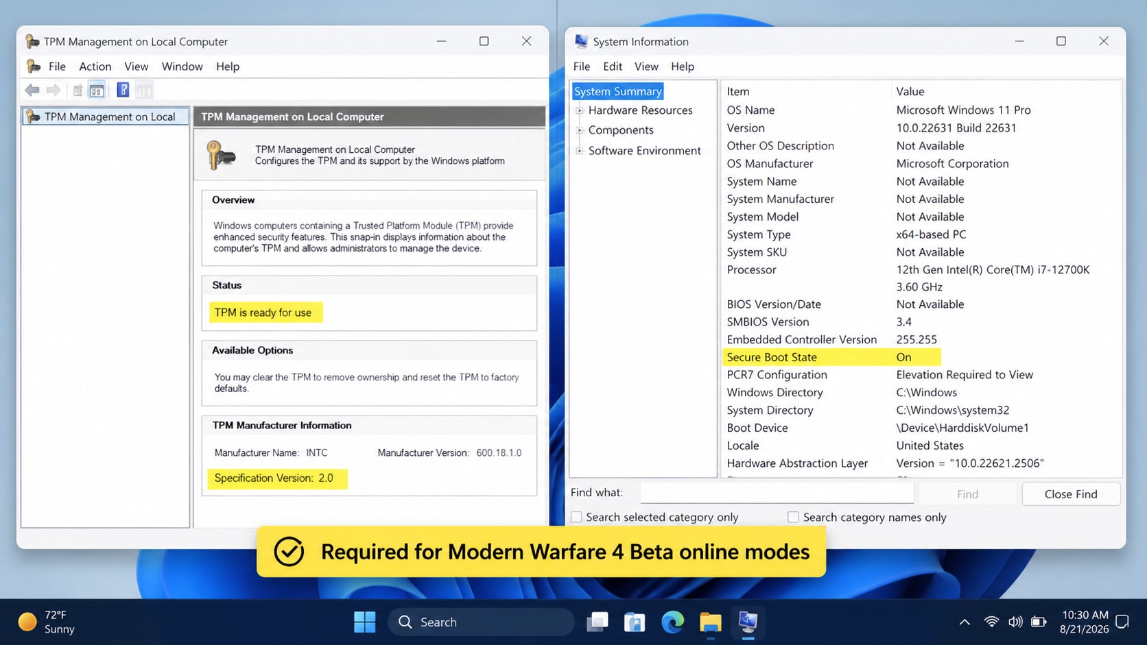 check tpm and secure boot for modern warfare 4 beta on pc