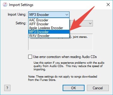 escolha o codificador mp3 nas configurações de importação