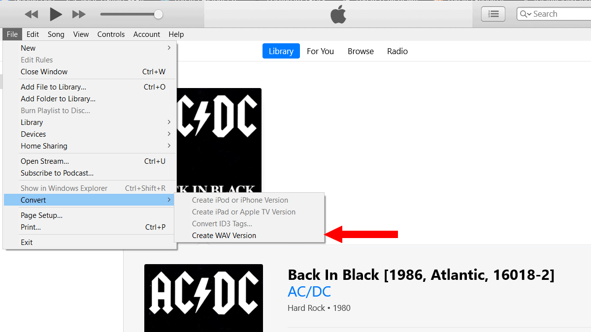 die Option wav-Version erstellen in der itunes-Bibliothek wählen