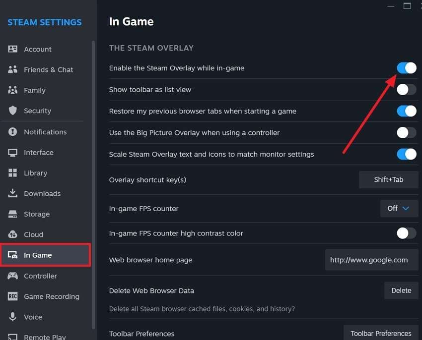 deactivate enable steam overlay in game