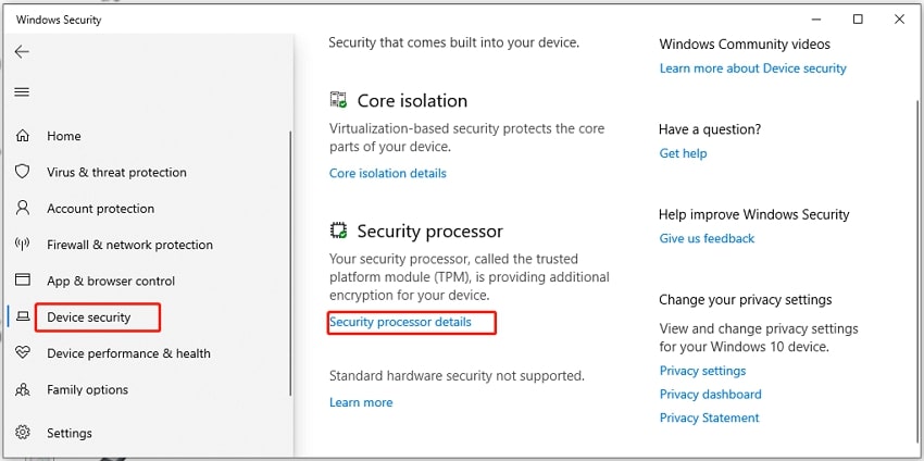 choose security processor details option