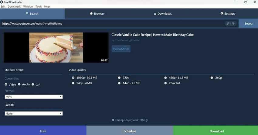snapdownloader format and quality choices