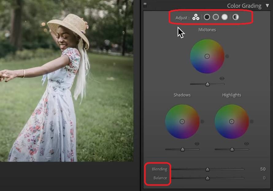 adjusting settings in color grading lightroom