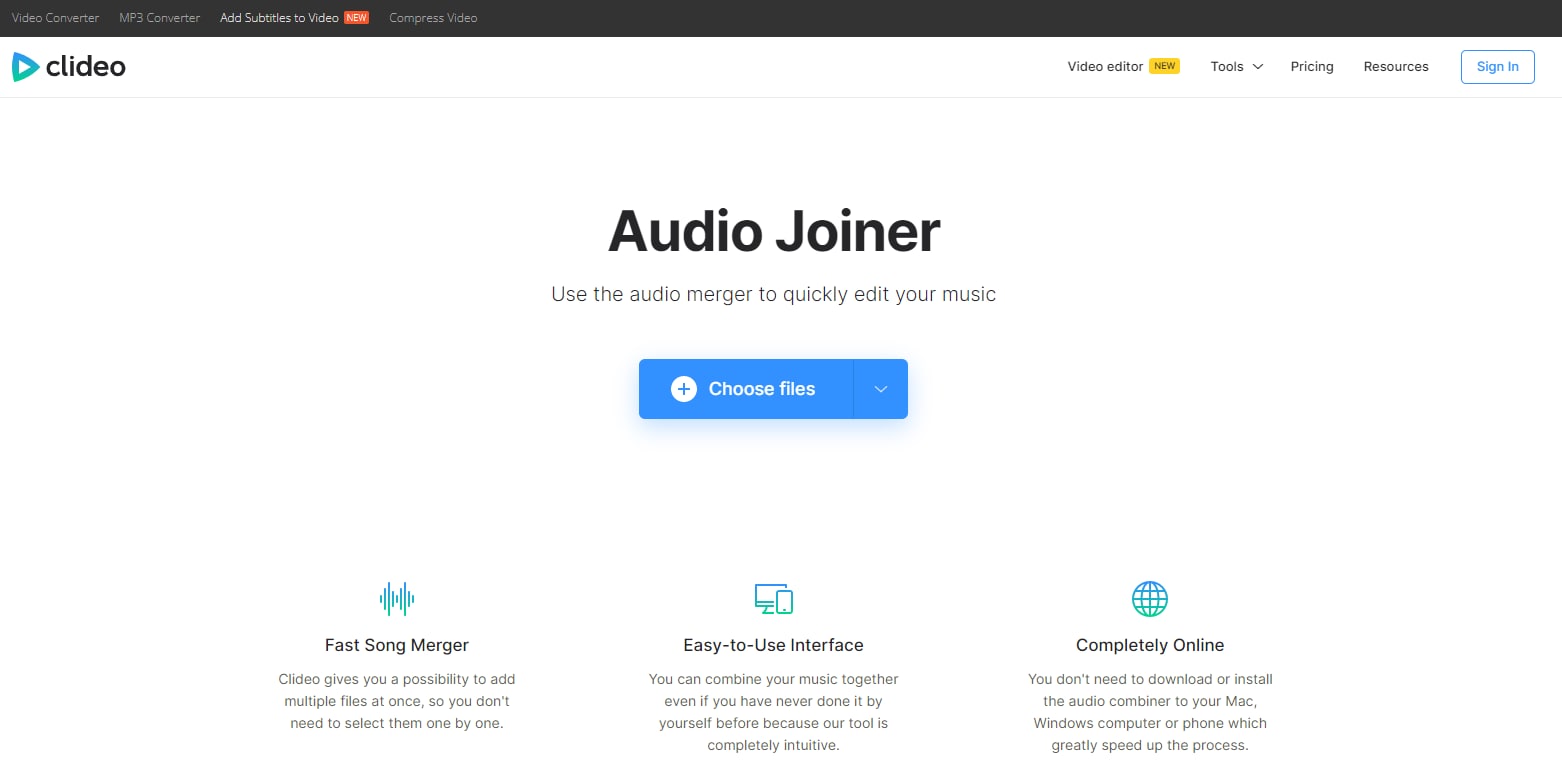 merge your audio files with clideo