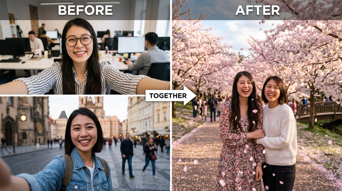 two separate selfies from different cities combined into one cherry blossom park photo