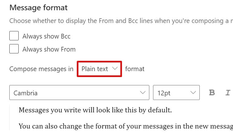 compose messages in plain text format