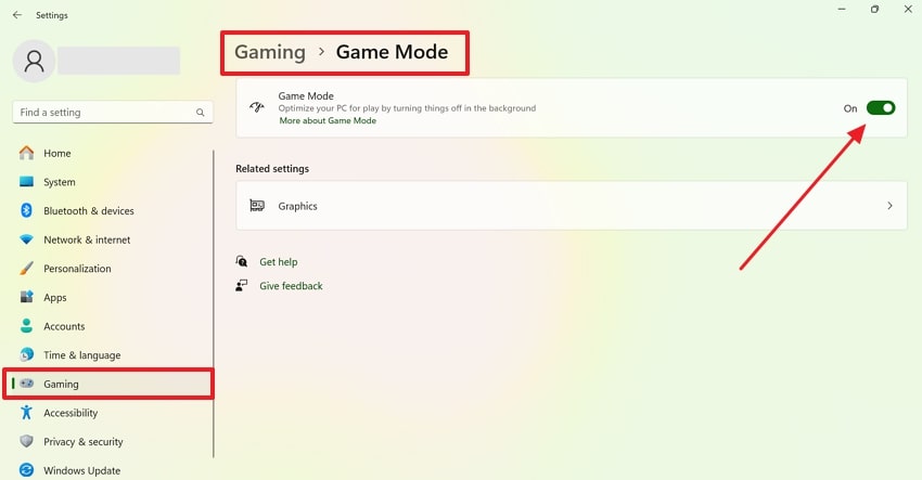 enable gaming mode from settings