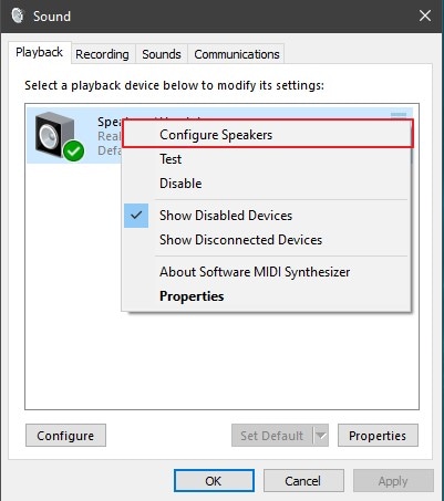 select configure speakers option