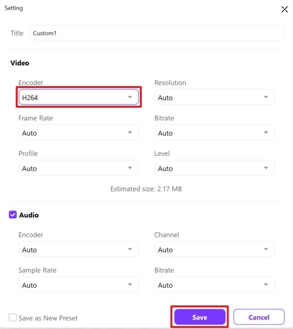 opt for h264 and save button