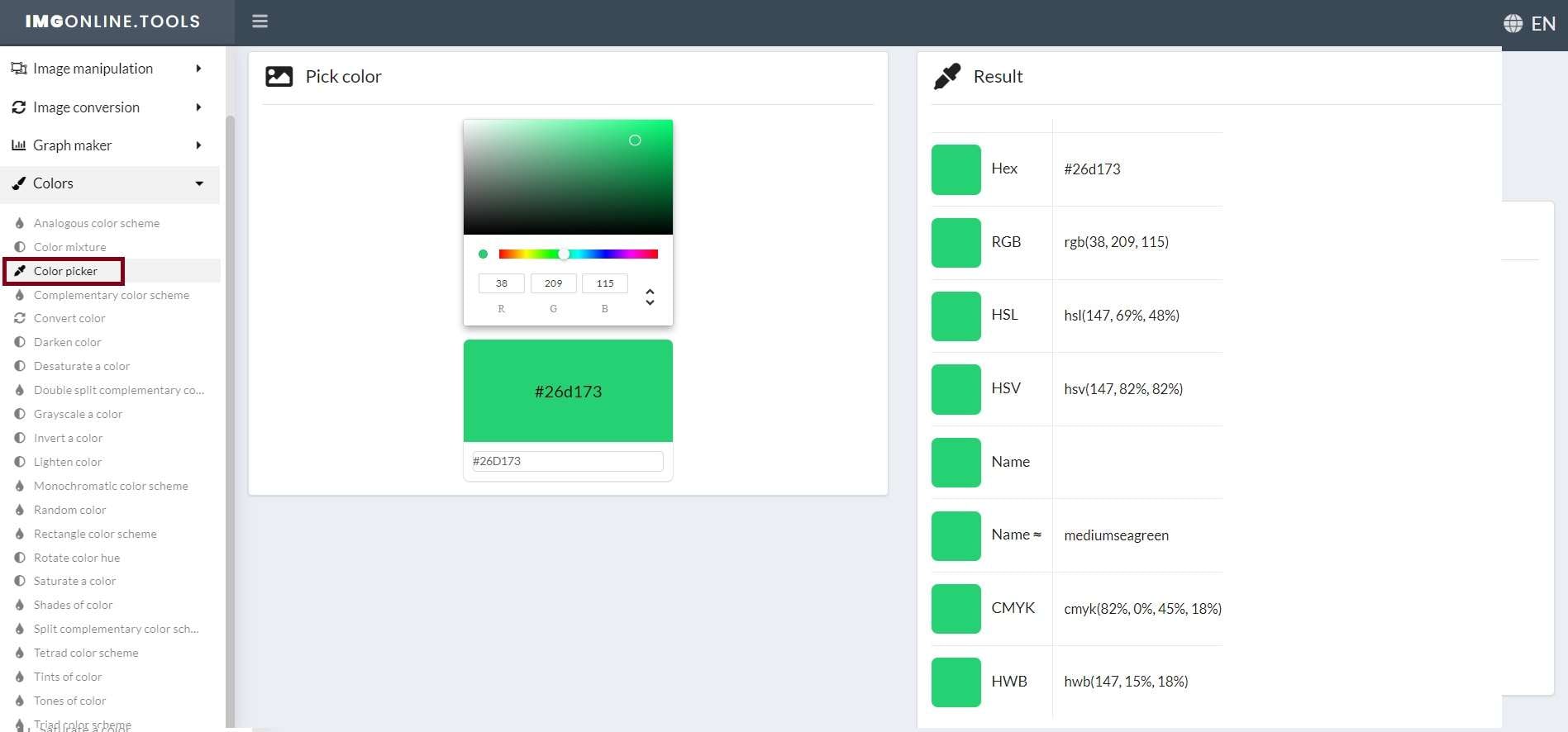 experimente o seletor de cores nas ferramentas do imgonline