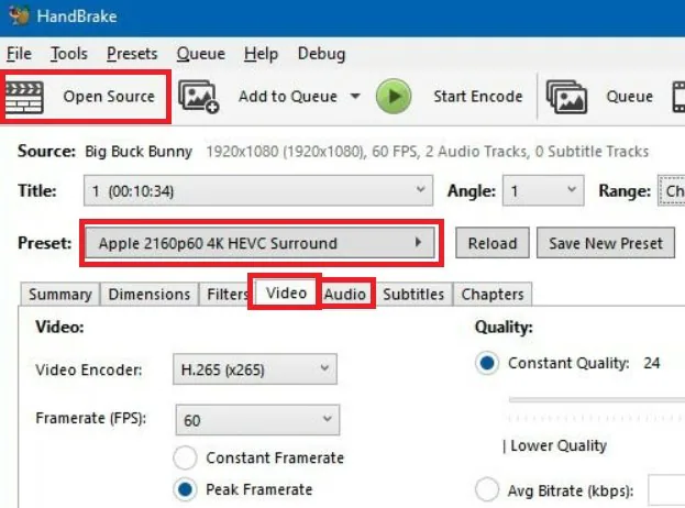 convert h265 to h264 using handbrake